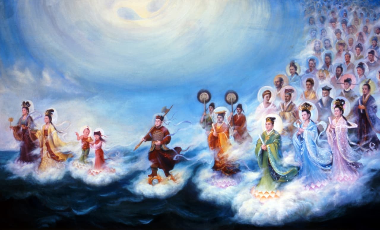 Tranh nghệ thuật truyền thống minh họa các tiên nhân trong khung cảnh thiên nhiên